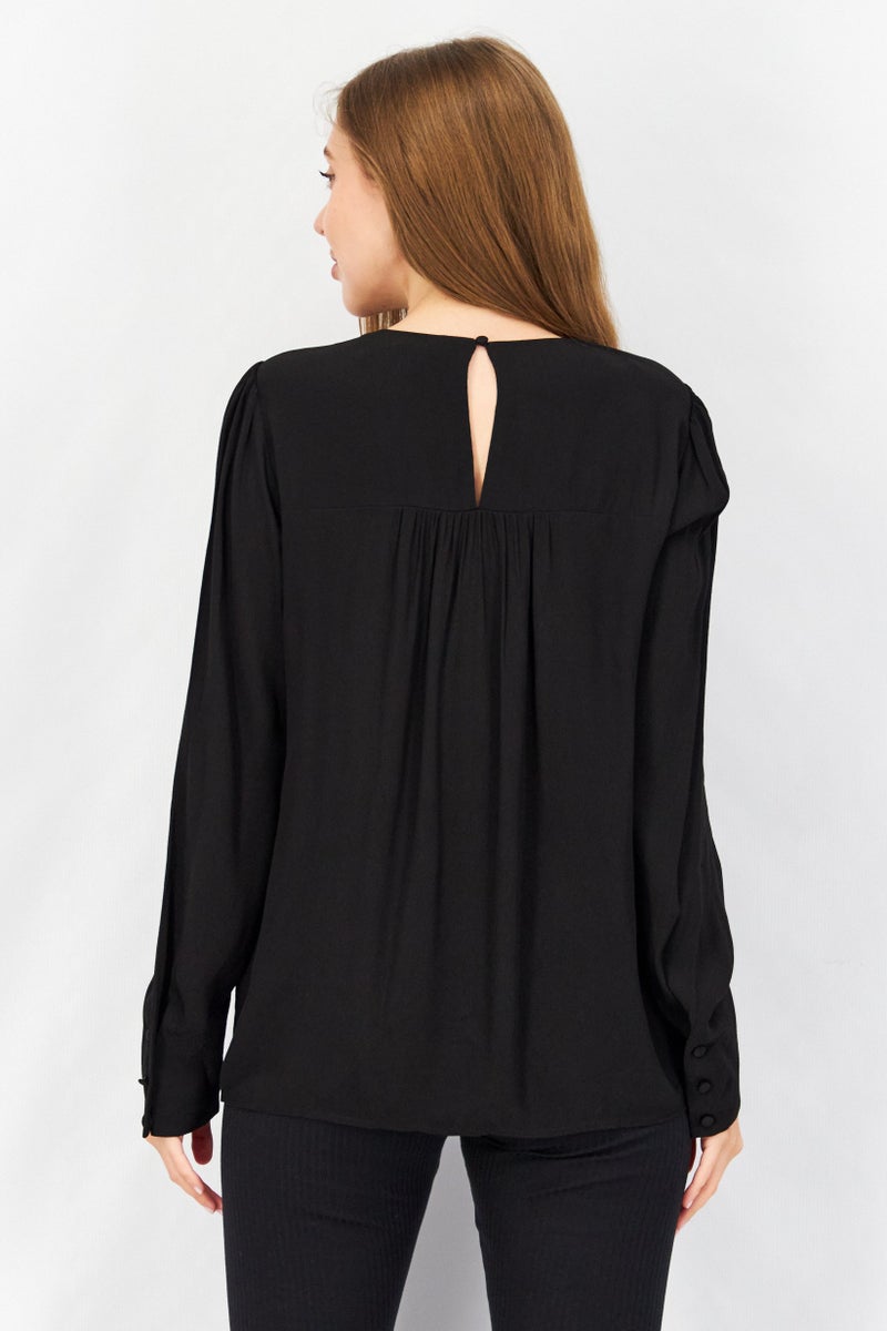 ESPRIT Women Round Neck Long Sleeve Plain Pleated Top, Black - Image 2